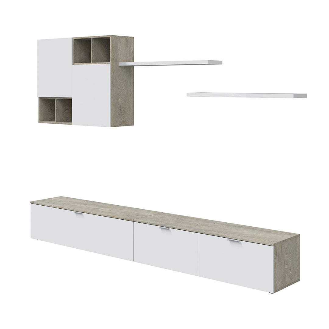 MOBILE TV CON MODULO SUPERIORE E RIPIANO 37x260x40 CM ROVERE E BIANCO ARTIK
