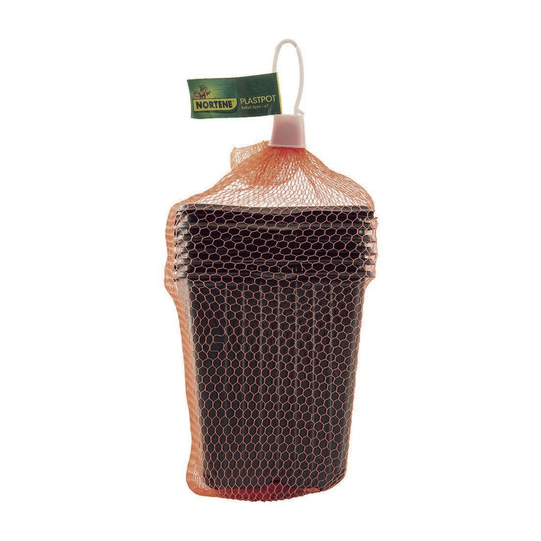 Conjunto de 7 vasos de flores Plaspot, com 9 cm de diâmetro.