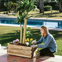 Jardinera rectangular de madera de pino 70x30x28 cm con malla geotextil extraíble, ideal para jardín, terraza o balcón, resistente y lista para usar.