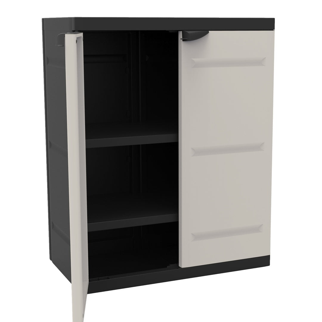 Medium height resin cabinet with 2 shelves, black and beige, 70x44x88 cm 