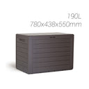 Baúl de resina para jardín de 190 litros en color marrón chocolate, resistente a la intemperie y rayos UV, ideal para almacenamiento en exteriores.