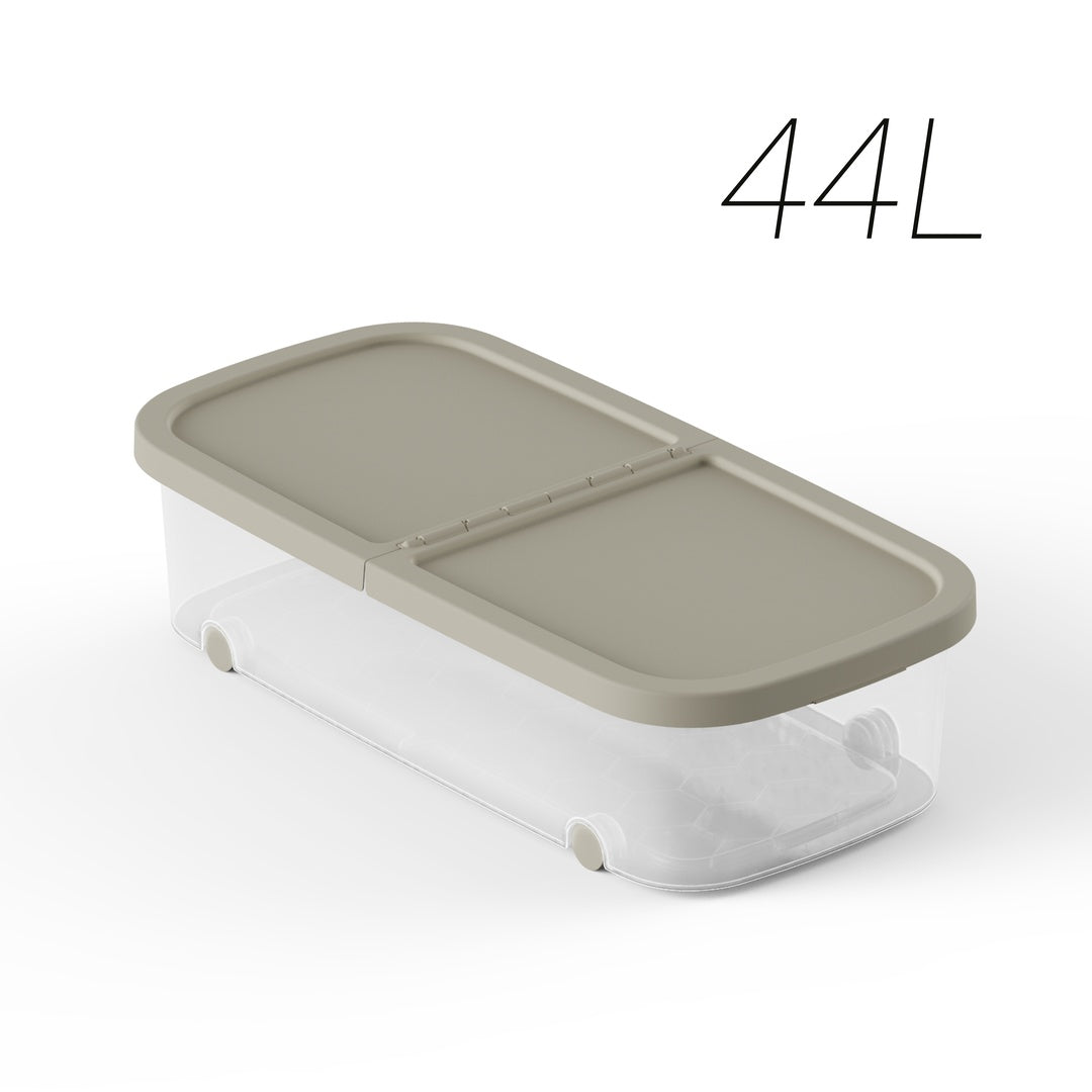 Caja de almacenamiento de 44 litros en color beige, ligera, resistente y versátil, ideal para ropa, juguetes y artículos domésticos.