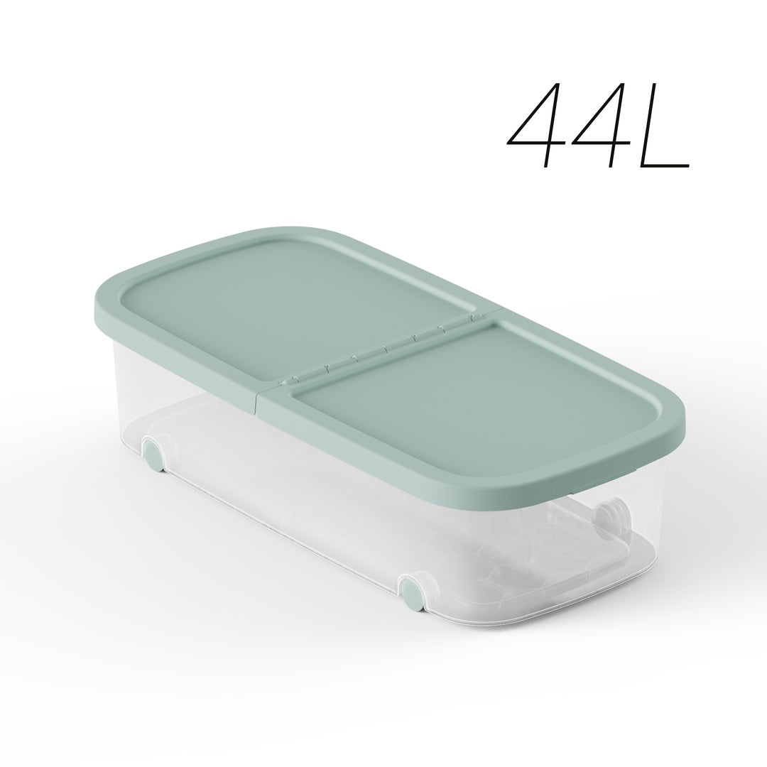 Caja de almacenamiento de 44 litros con tapadera en color verde menta, resistente y funcional, ideal para ropa, libros y accesorios.