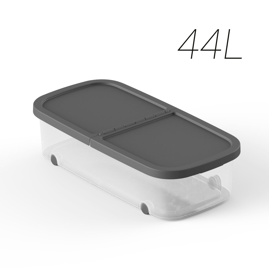 Caja de almacenamiento de 44 litros en color gris antracita, resistente y funcional, ideal para ropa, documentos y herramientas