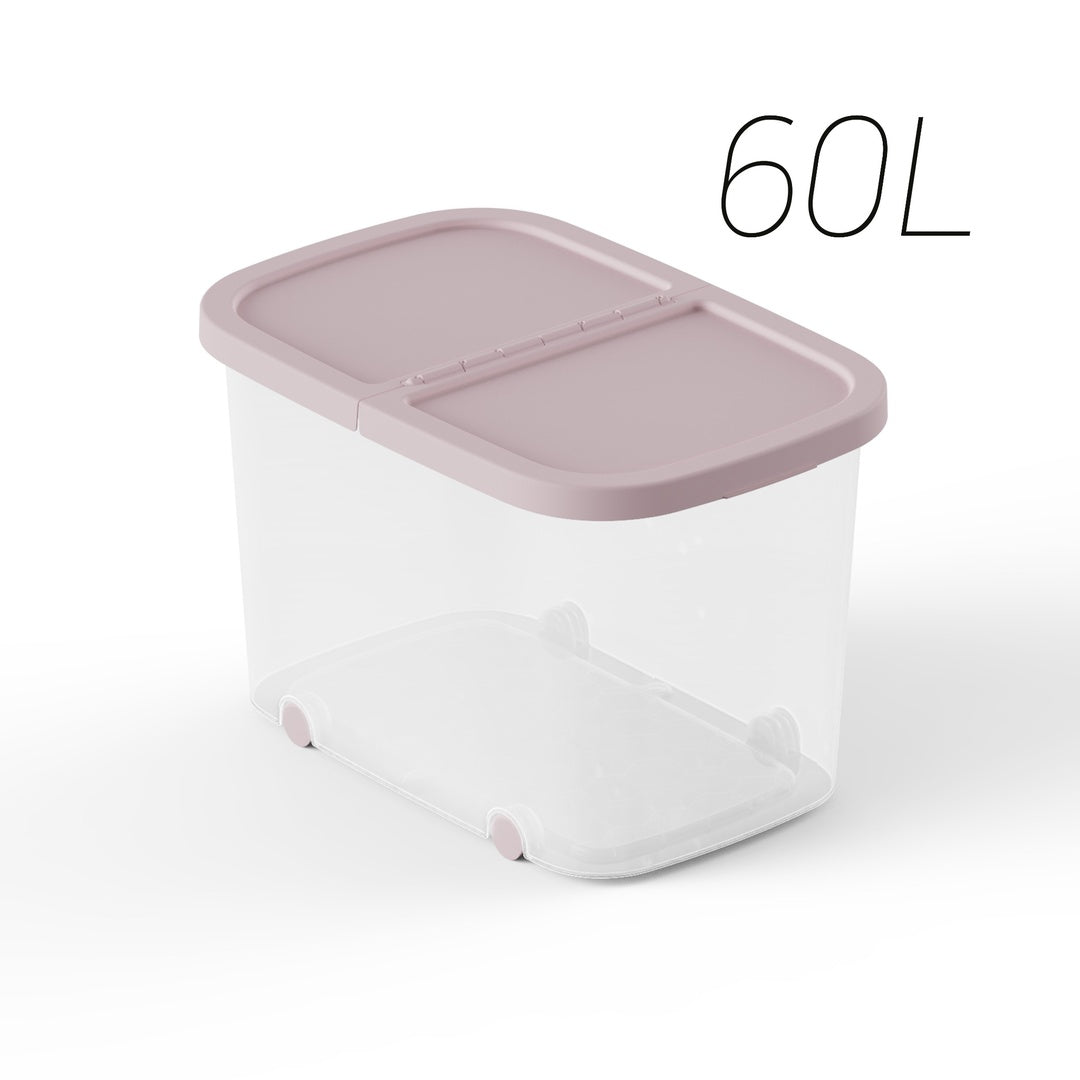 Caja multiusos con tapa rosa y ruedas de 60L para organización del hogar
