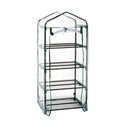 Invernadero de 4 estanterías con estructura de acero y funda térmica de PVC, ideal para proteger plantas en jardines y huertos urbanos. Dimensiones 158x69x49 cm.