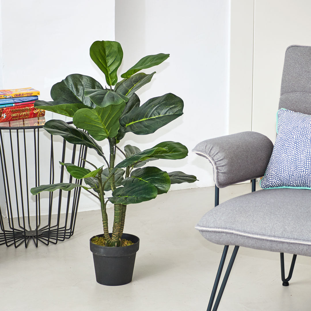 Planta Artificial Ficus Lyrata 90 cm, decoración realista para interiores y exteriores, con macetero estable.