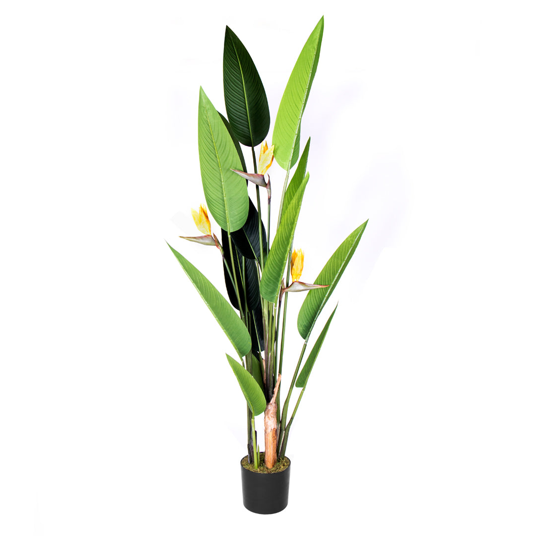 Planta Artificial Ave del Paraíso Flor 185 cm Nortene, decoración realista con grandes hojas verdes y flor amarilla.