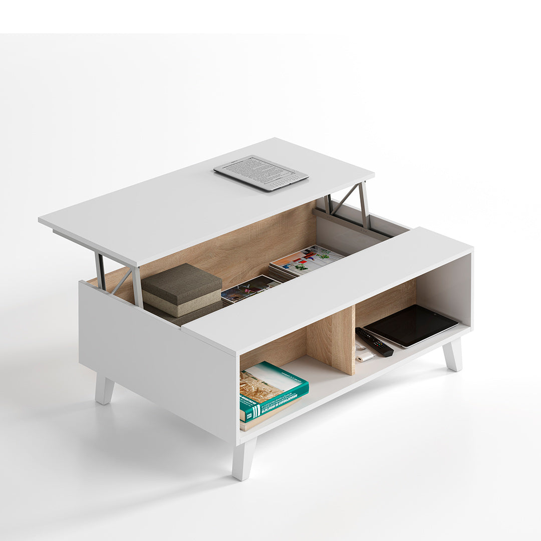 MESA CENTRO ELEVABLE 38X100X68 CM BLANCO BRILLO/ROBLE CANADIAN 