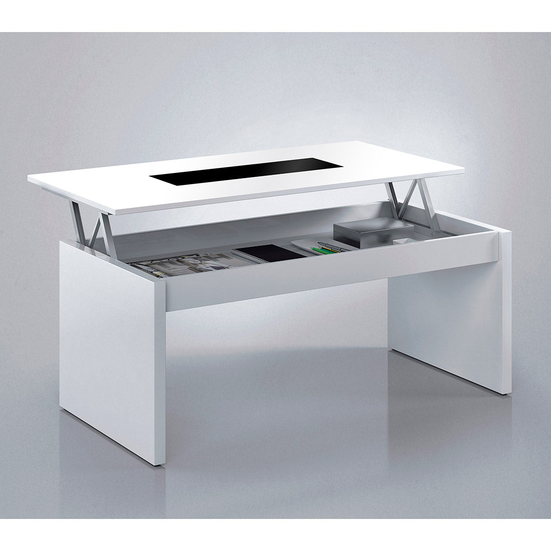 MESA CENTRO ELEVABLE CRISTAL 102X43X50 CM BLANCO BRILLO/CRISTAL NEGRO 