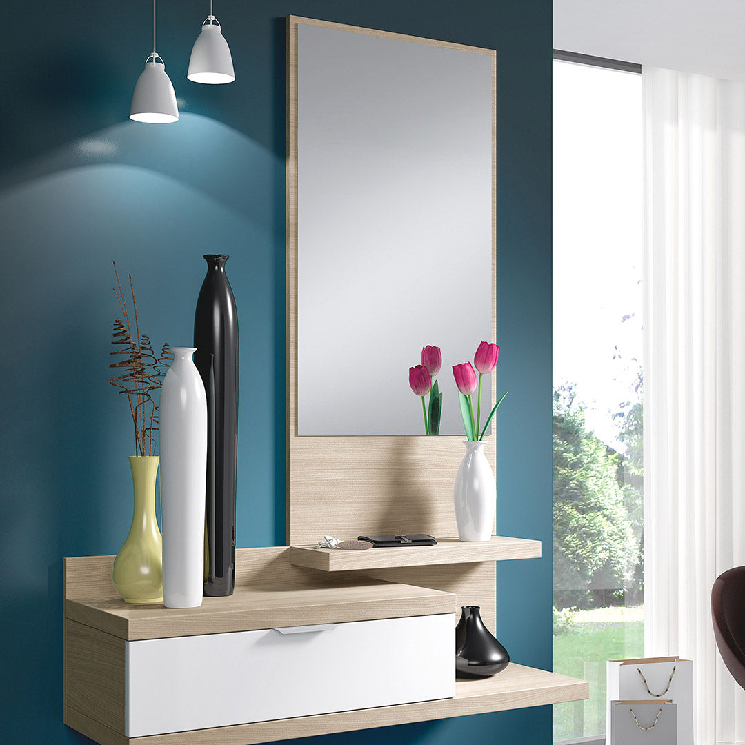 MUEBLE RECIBIDOR PARED CON ESPEJO 81X116X29 CM NATURE/BLANCO BRILLO