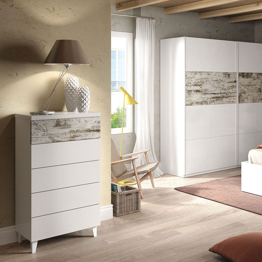 COMODA 5 CAJONES 61X1118X40 CM BLANCO BRILLO/VINTAGE