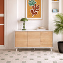 Aparador de sala com 3 portas, 75x154x41 cm, branco brilhante/carvalho