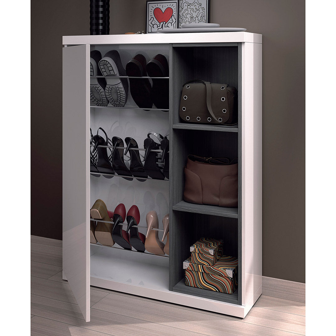 MUEBLE ZAPATERO PUERTA Y ESPEJO 79X708X25 CM BLANCO BRILLO/GRIS CENIZA