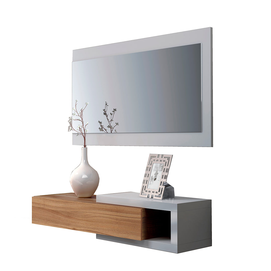 MUEBLE RECIBIDOR CAJON Y ESPEJO 19X95X26CM NOGAL/BLANCO ARTIK