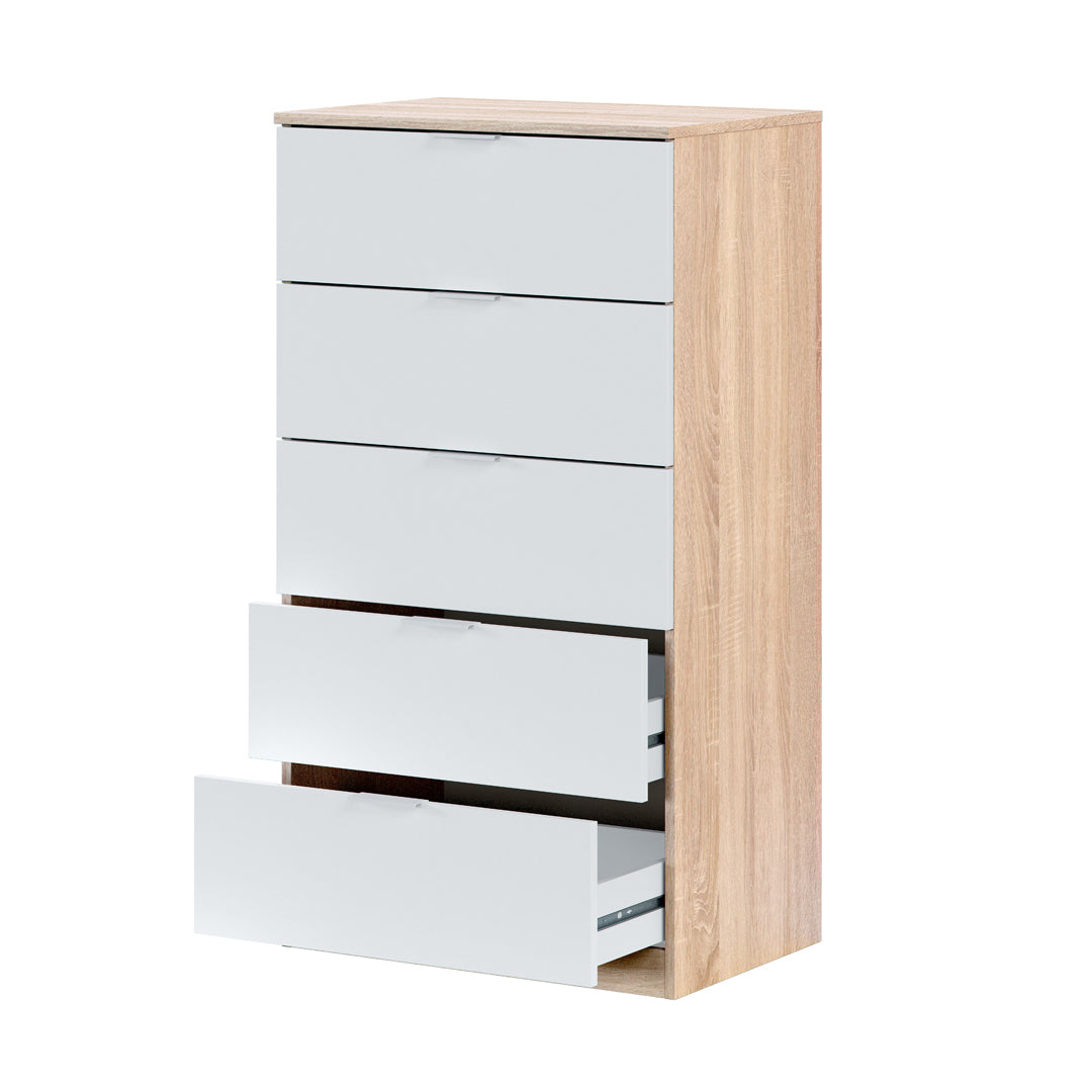 Cómoda 5 cajones 110x60x40 cm blanco artik y roble canadian