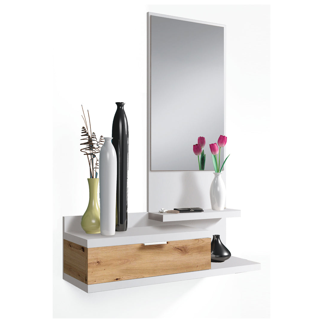Móvel de hall de entrada com gaveta e espelho, 116x81x29 cm, carvalho nodi e branco artik