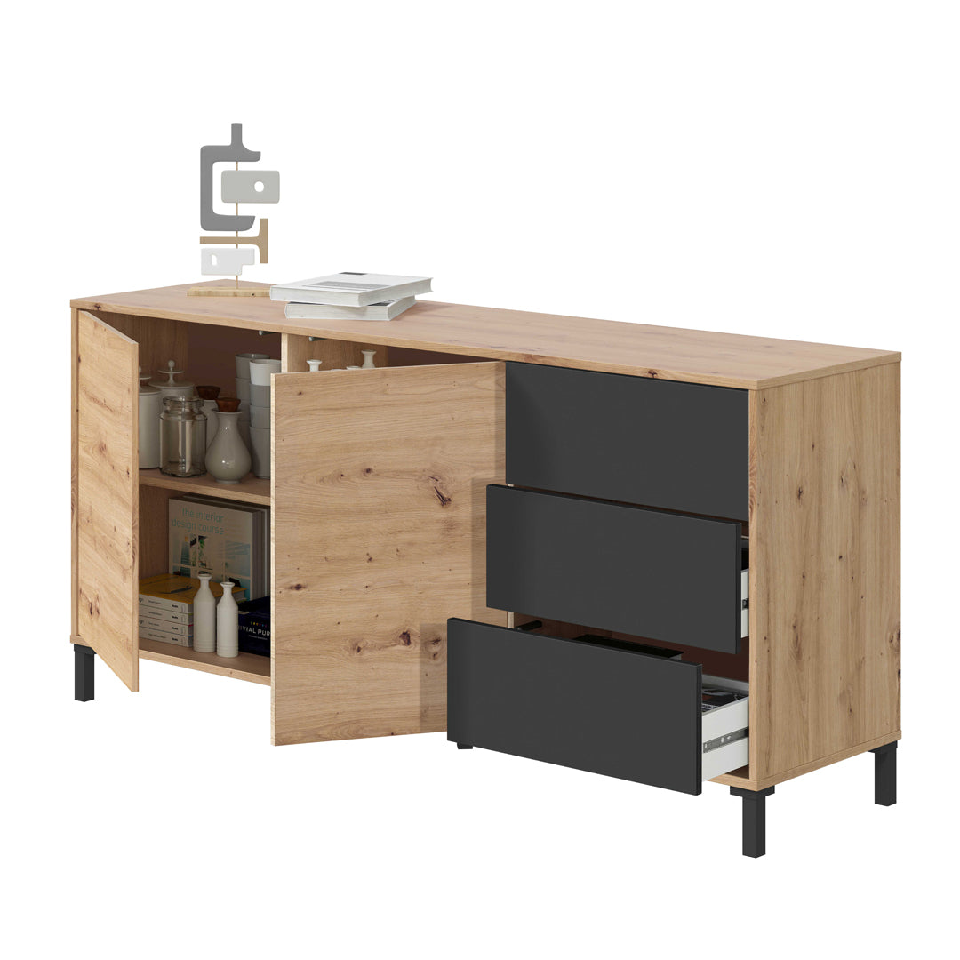 Aparador 2 puertas 3 cajones 74x154x41 cm gris antracita y roble nodi