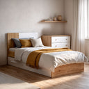 Cama com cabeceira e duas gavetas, 77x196x97 cm, branco artik e carvalho nodi