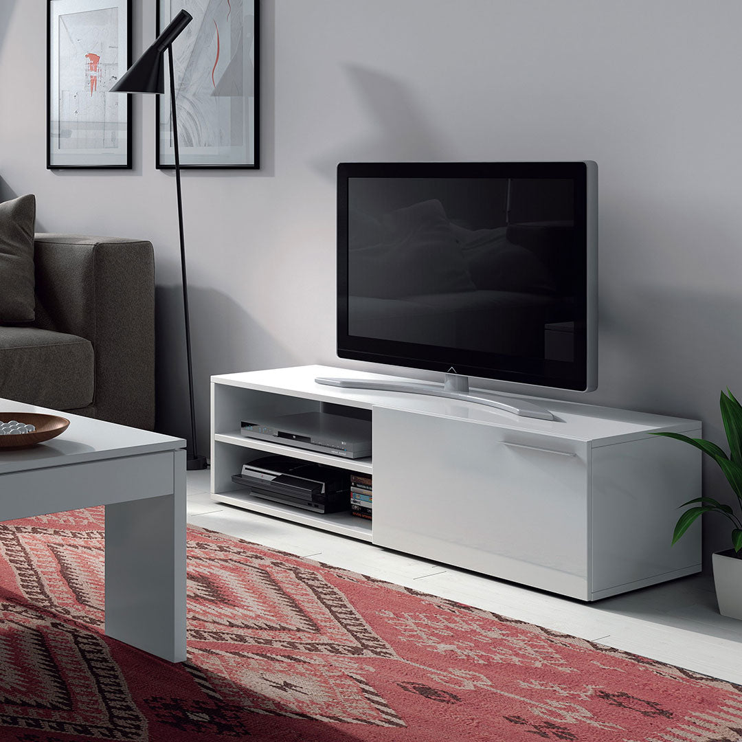 MUEBLE TV PUERTA Y ESTANTE 130X345X42 CM BLANCO BRILLO