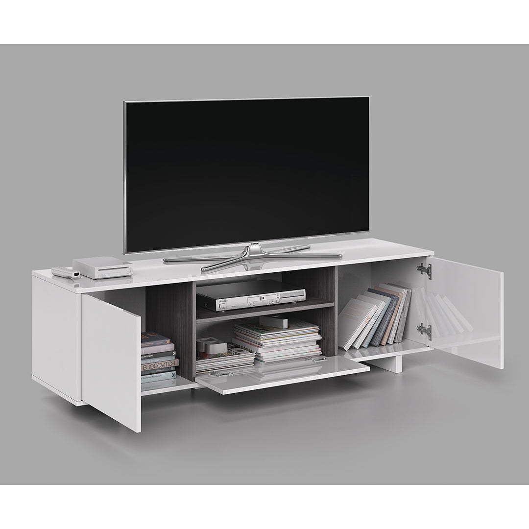 MUEBLE TV PUERTA Y ESTANTE 150X46X41 CM BLANCO BRILLO/GRIS CENIZA