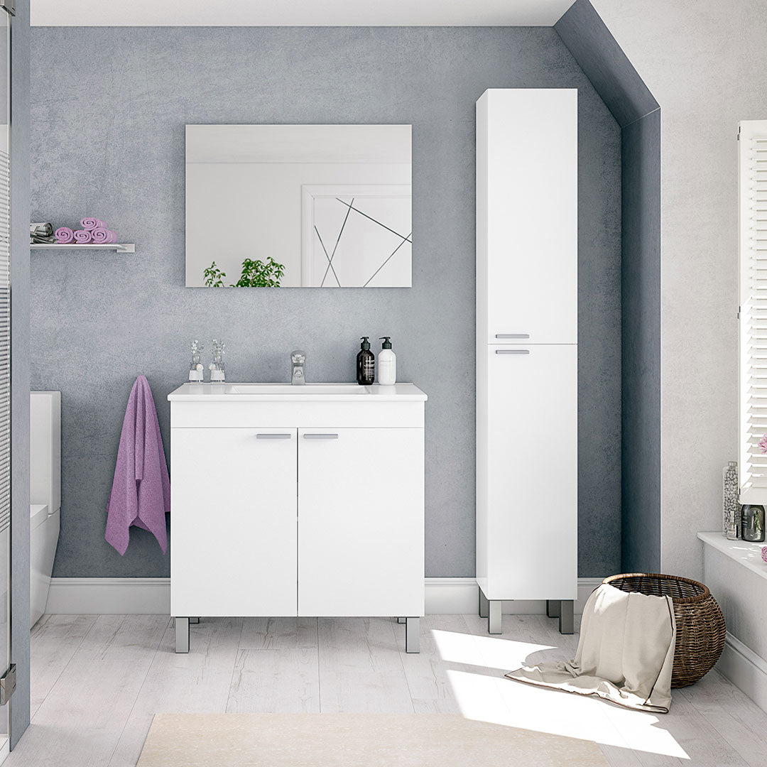 MOBILE BAGNO CON 2 ANTE, LAVABO E SPECCHIO LC1-80 BIANCO