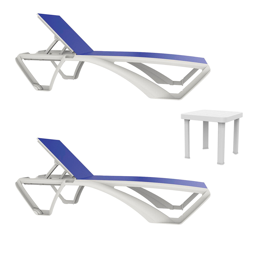 MARINA SET 2 SUN LOUNGERS AND TABLE WHITE AND BLUE