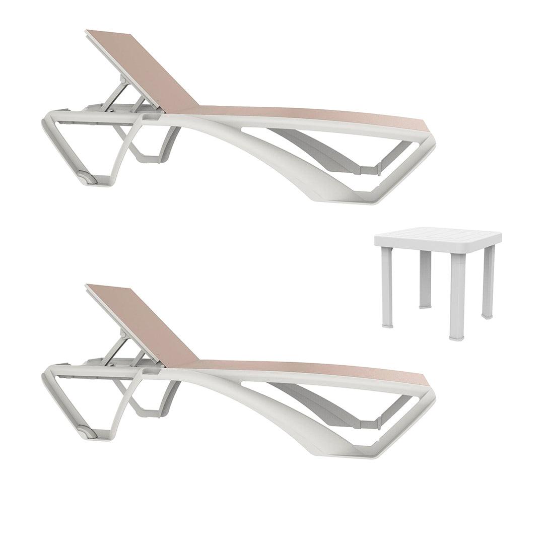 Conjunto Marina con 2 tumbonas y mesa en color blanco y beige, diseño moderno y elegante para exteriores