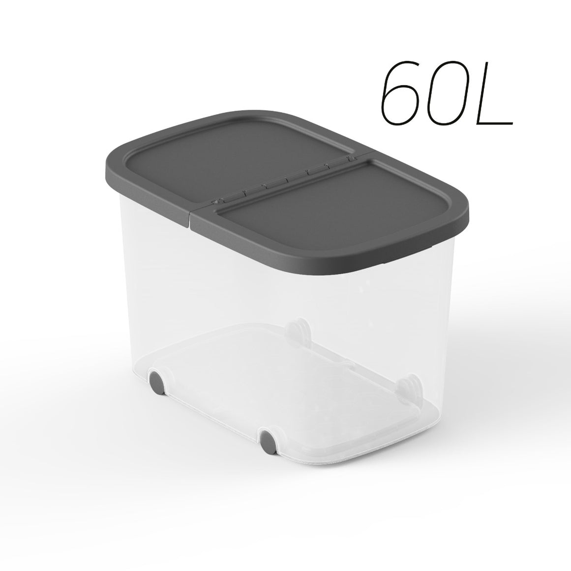 Caja de almacenamiento 60L con tapa gris antracita. Diseño resistente y espacioso, ideal para organizar ropa, juguetes y documentos.
