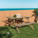 Mesa de picnic de madera de pino con bancos incorporados, resistente a rayos UV y humedad, ideal para jardines y áreas recreativas.