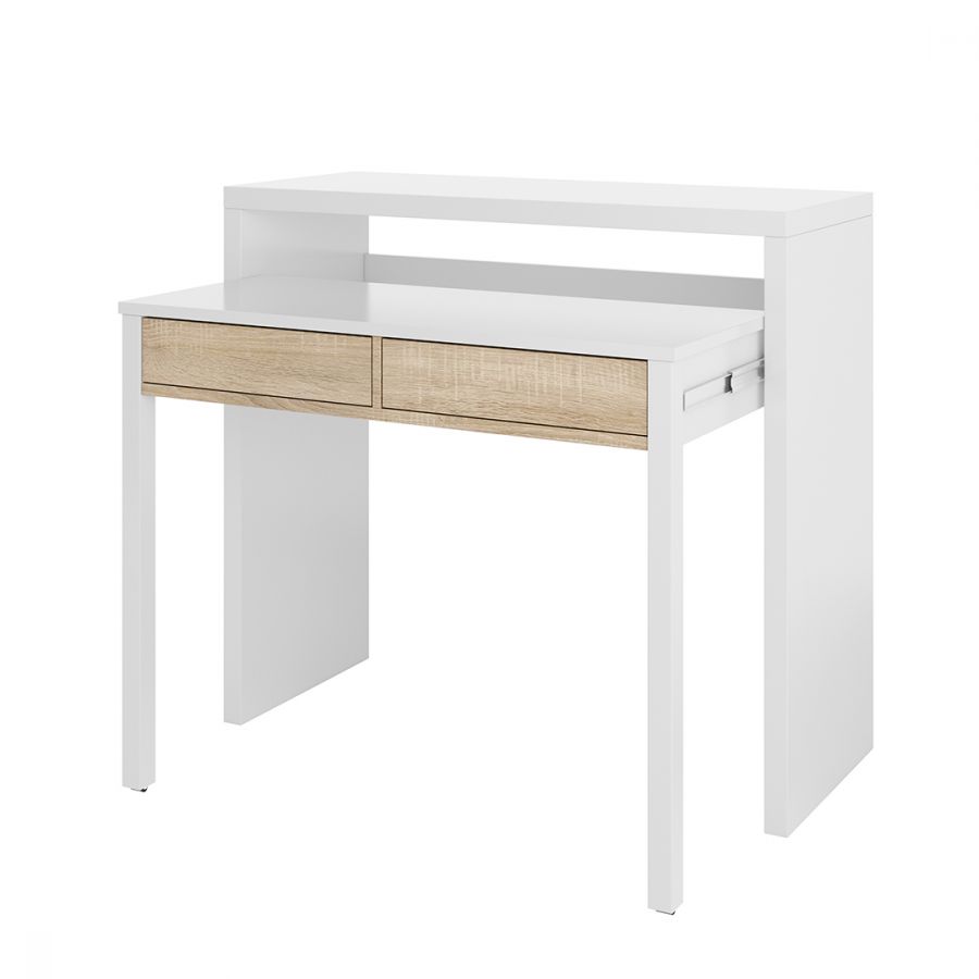 Mesa escritorio extensible tocador color blanco y roble 2 cajones  98x87x36-70 cm