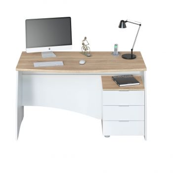 Imagen de una mesa escritorio de madera en blanco con tablero de madera de roble y cajonera de tres cajones, perfecta para teletrabajo o estudio en casa con estilo y organización.