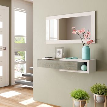 Imagen de un mueble recibidor de madera blanca y roble con cajón y espejo, una elegante y funcional adición para la entrada de tu hogar.