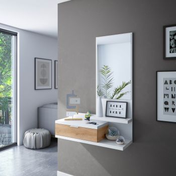 Imagen de un mueble recibidor de madera blanca y roble con cajón y espejo con cajón, una adición elegante y funcional para tu entrada.